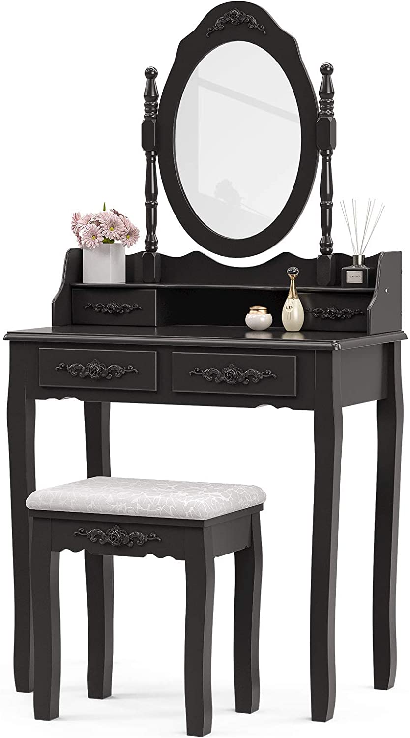 Dressing Table: Oval Mirror & Stool Black, Brown, White Dressing Table