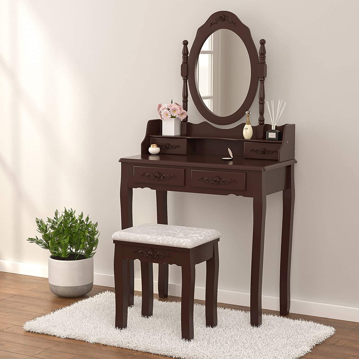 Dressing Table: Oval Mirror & Stool Black, Brown, White Dressing Table
