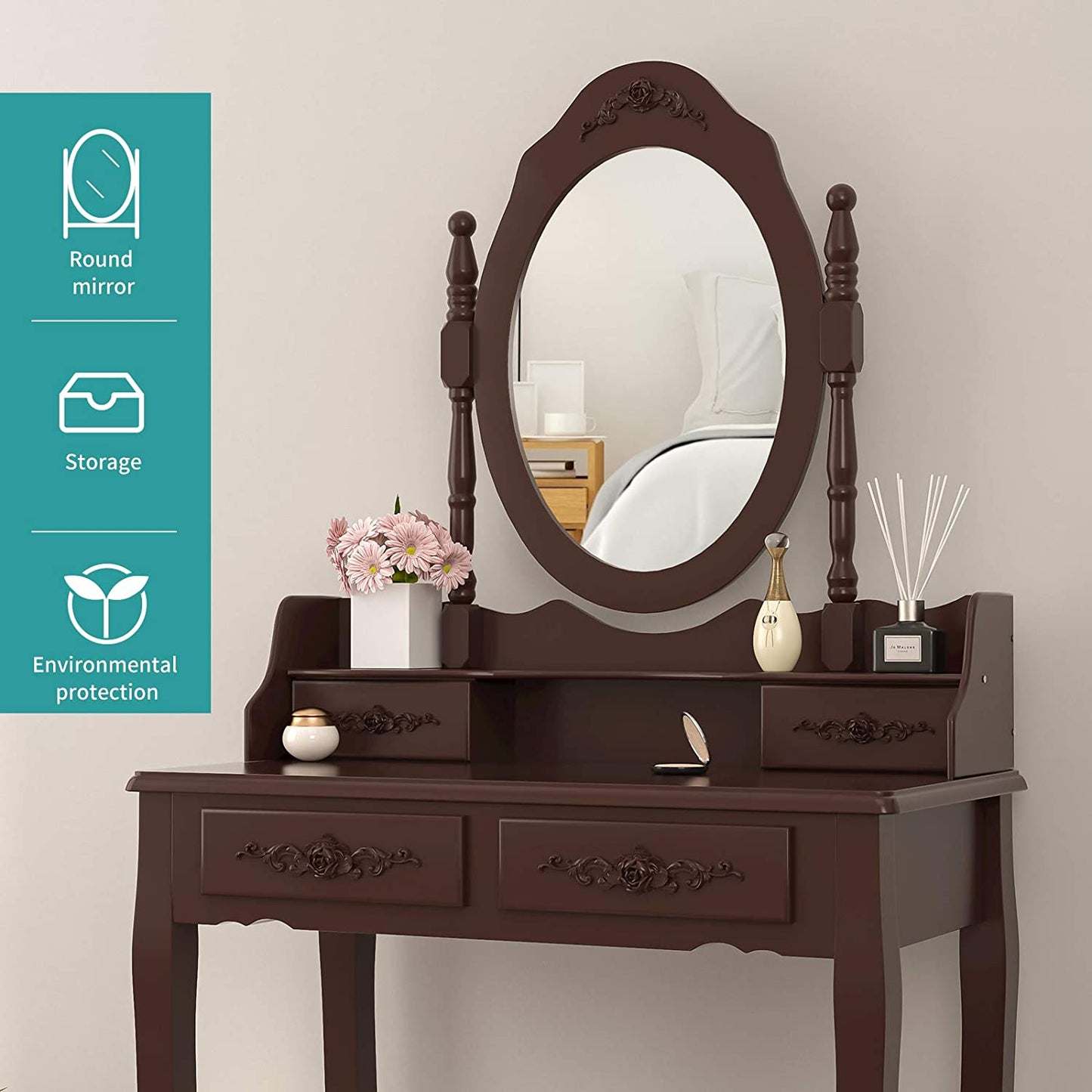 Dressing Table: Oval Mirror & Stool Black, Brown, White Dressing Table