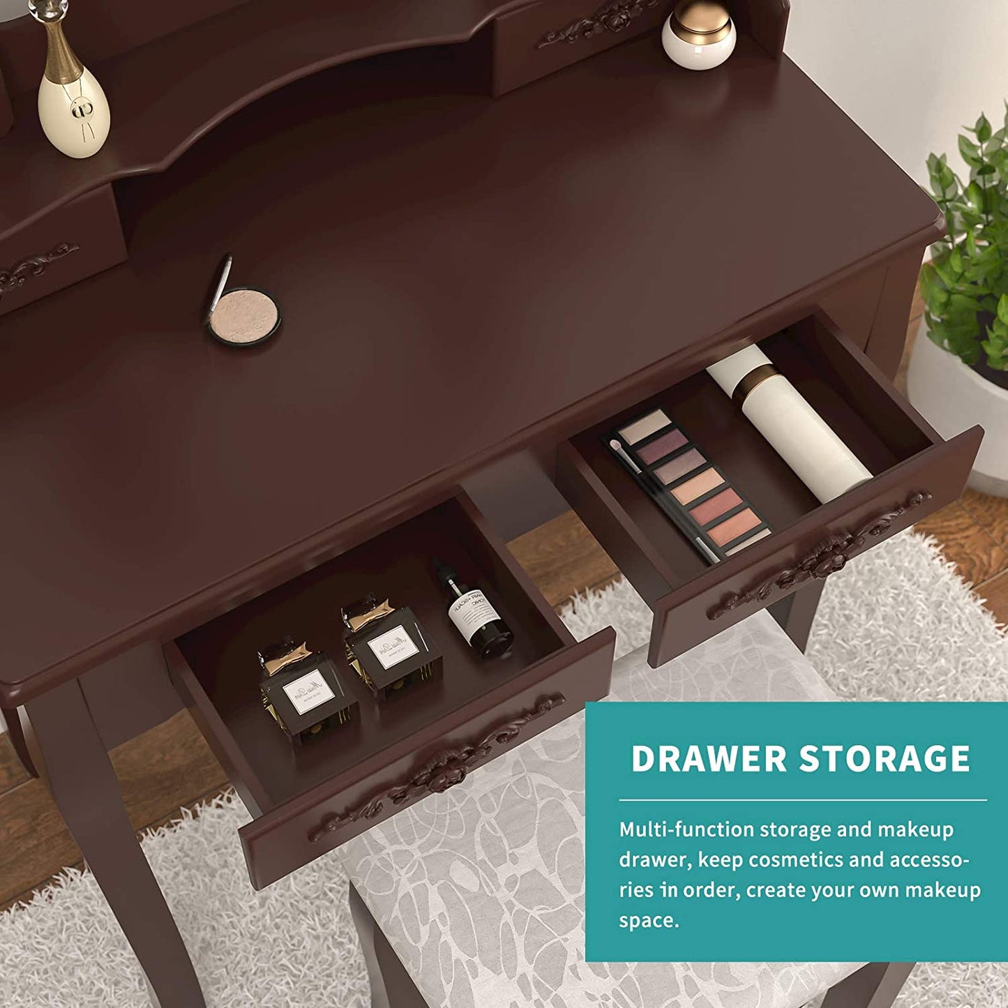 Dressing Table: Oval Mirror & Stool Black, Brown, White Dressing Table