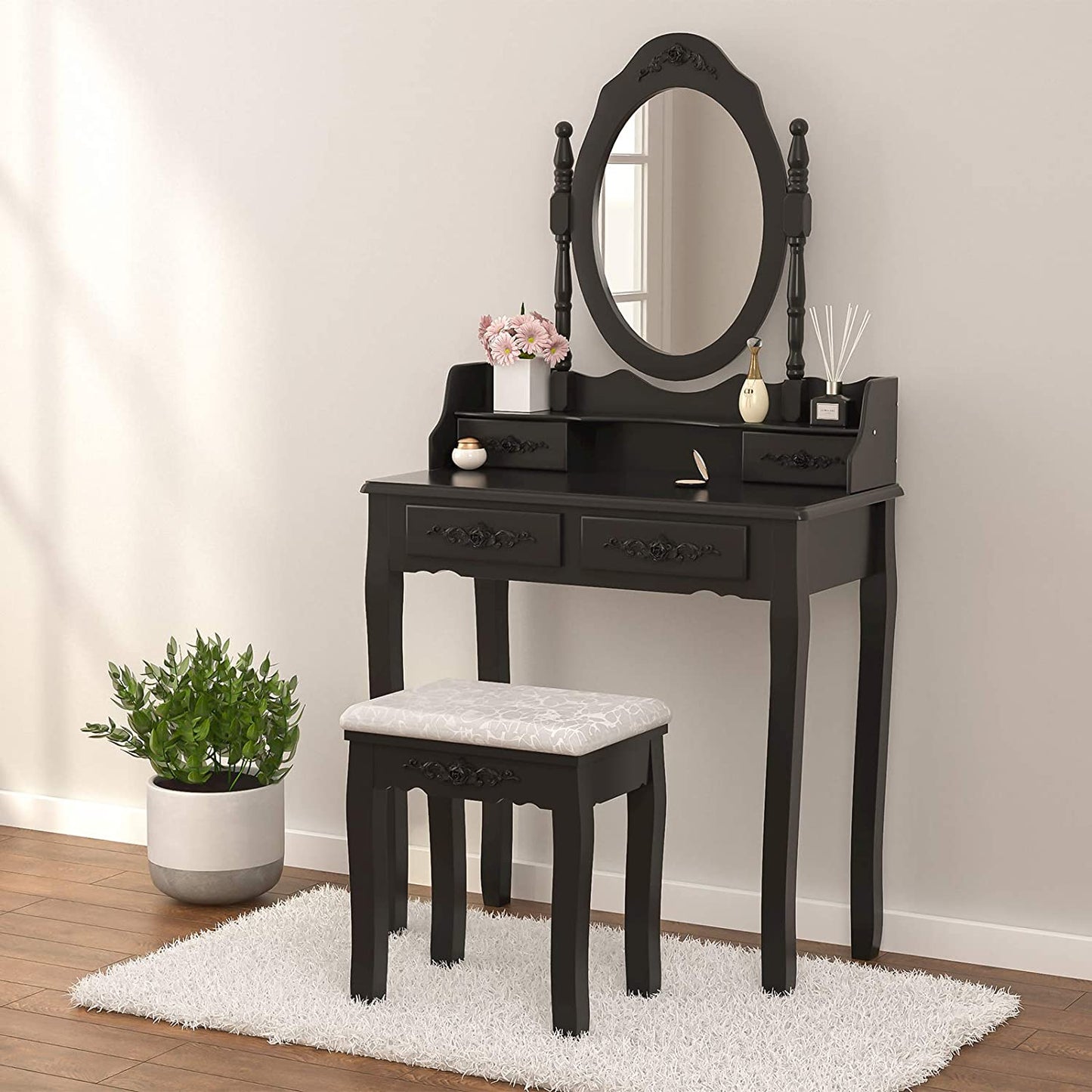 Dressing Table: Oval Mirror & Stool Black, Brown, White Dressing Table