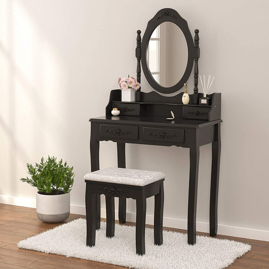Dressing Table: Oval Mirror & Stool Black, Brown, White Dressing Table