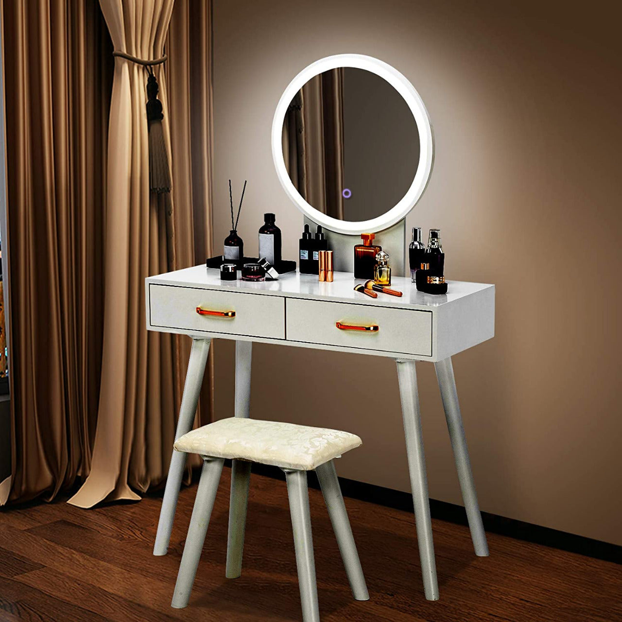 round mirror dressing table design Modern Wood Wave Panel Vanity Desk Set Makeup Table with Mirror and Lights