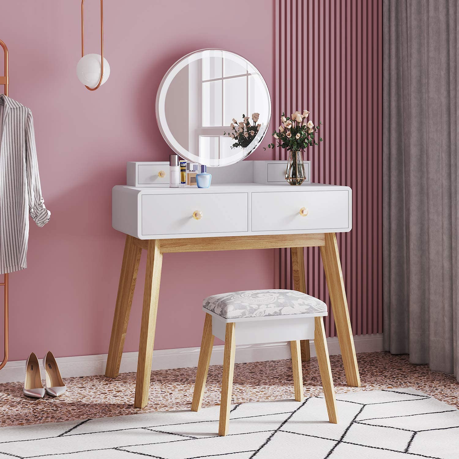 dressing table design circle The standout feature of this dressing table design, is the large half-moon (semi-circular) mirror that is partially embedded into the wall, creating a sculptural and artistic statement.,