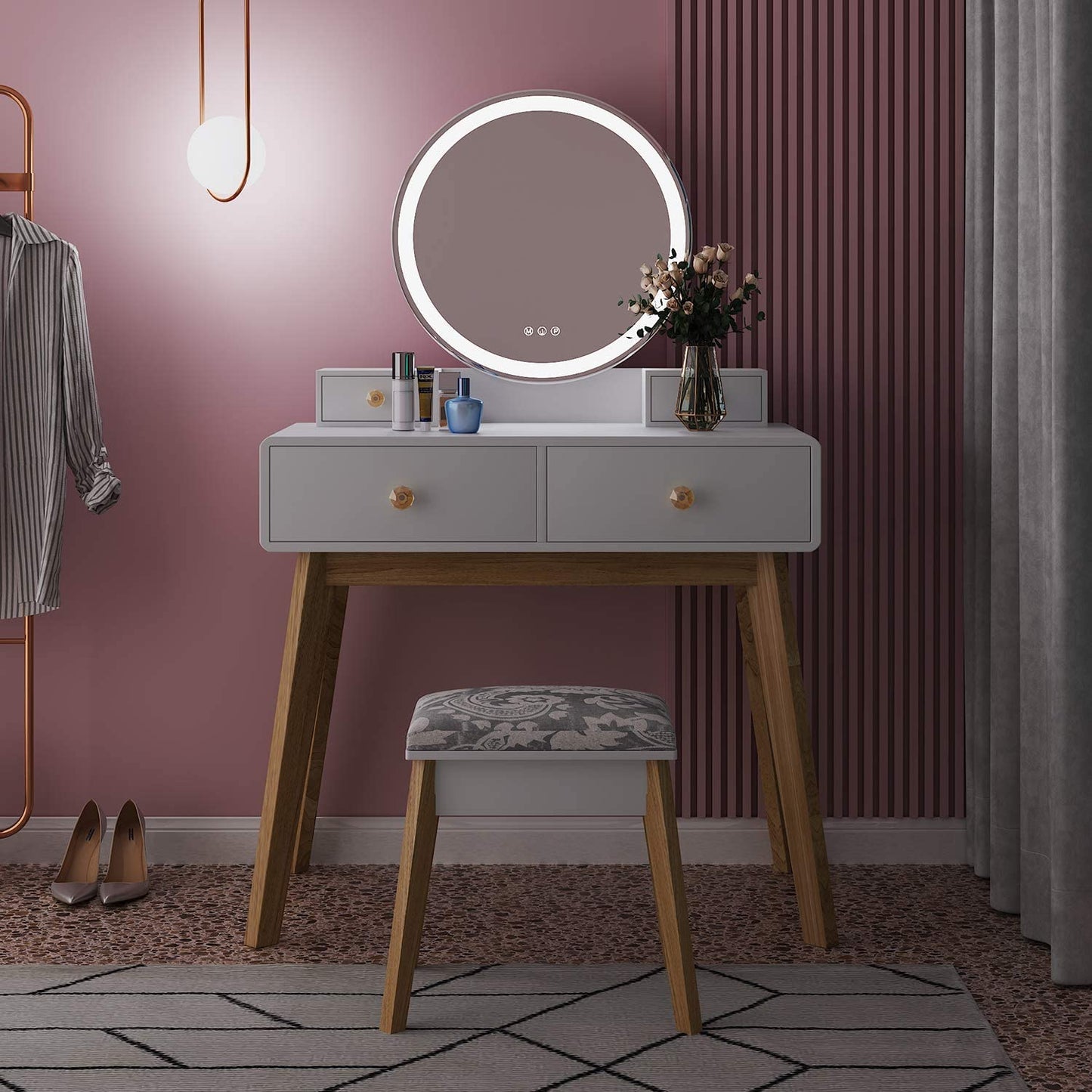 Dressing Table: Round Mirror White Dressing Table