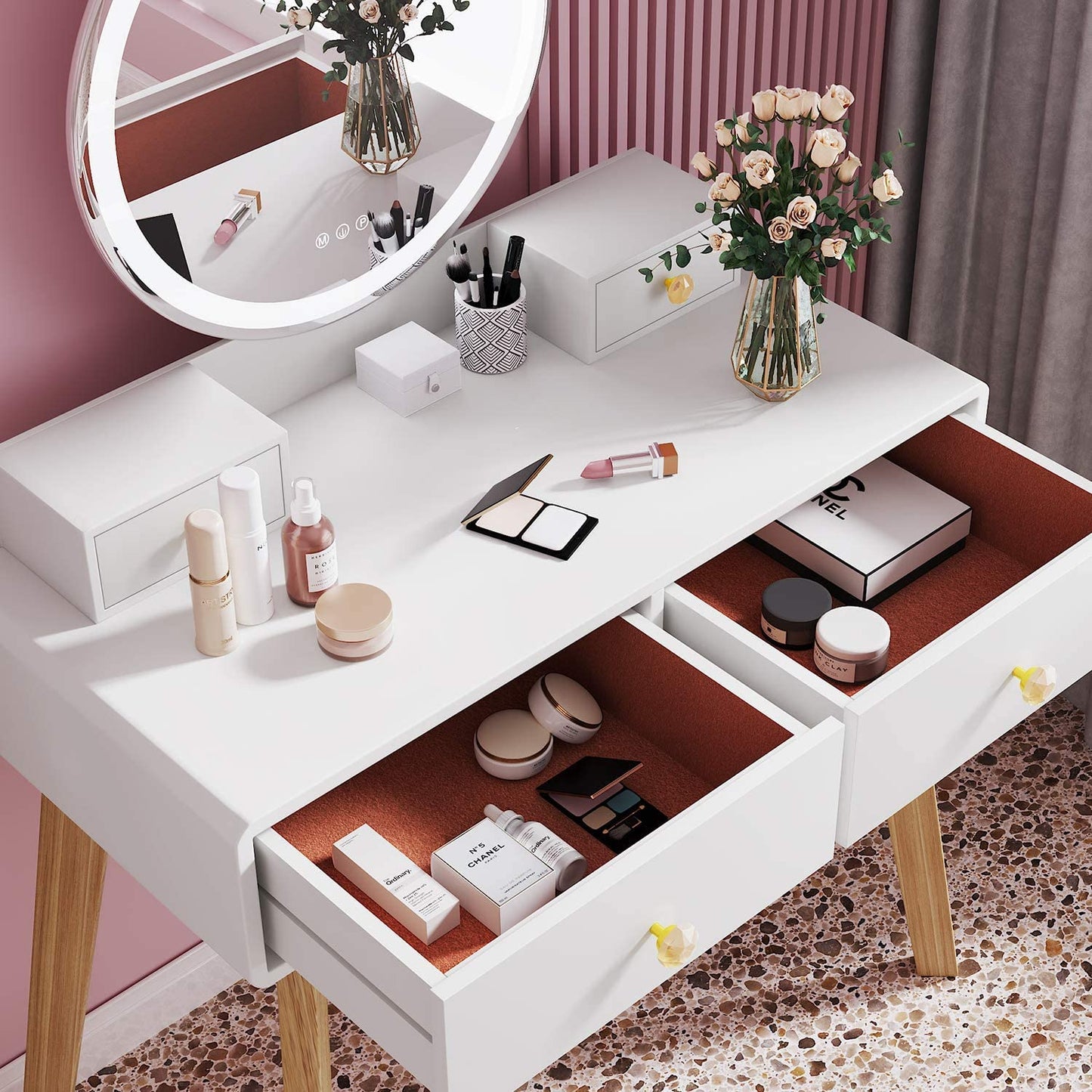 Dressing Table: Round Mirror White Dressing Table