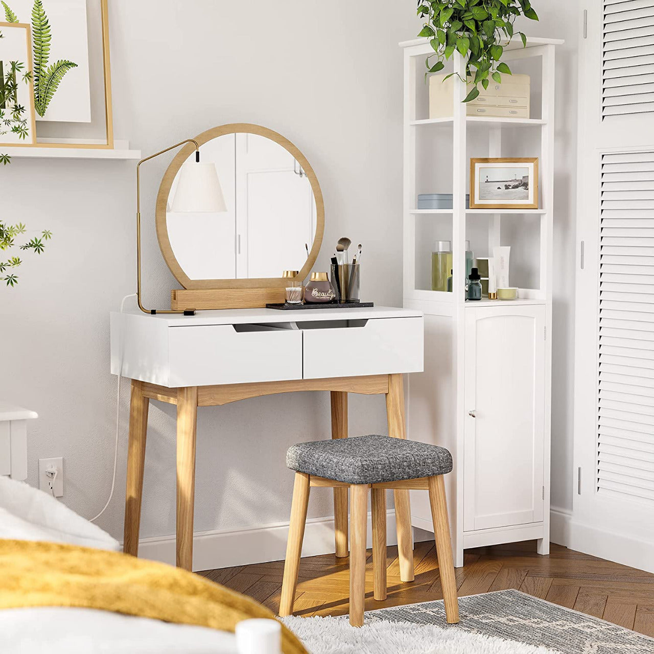 Dressing Table Rounded Mirror with 2 Drawers & Vanity Set with Upholstered Stool