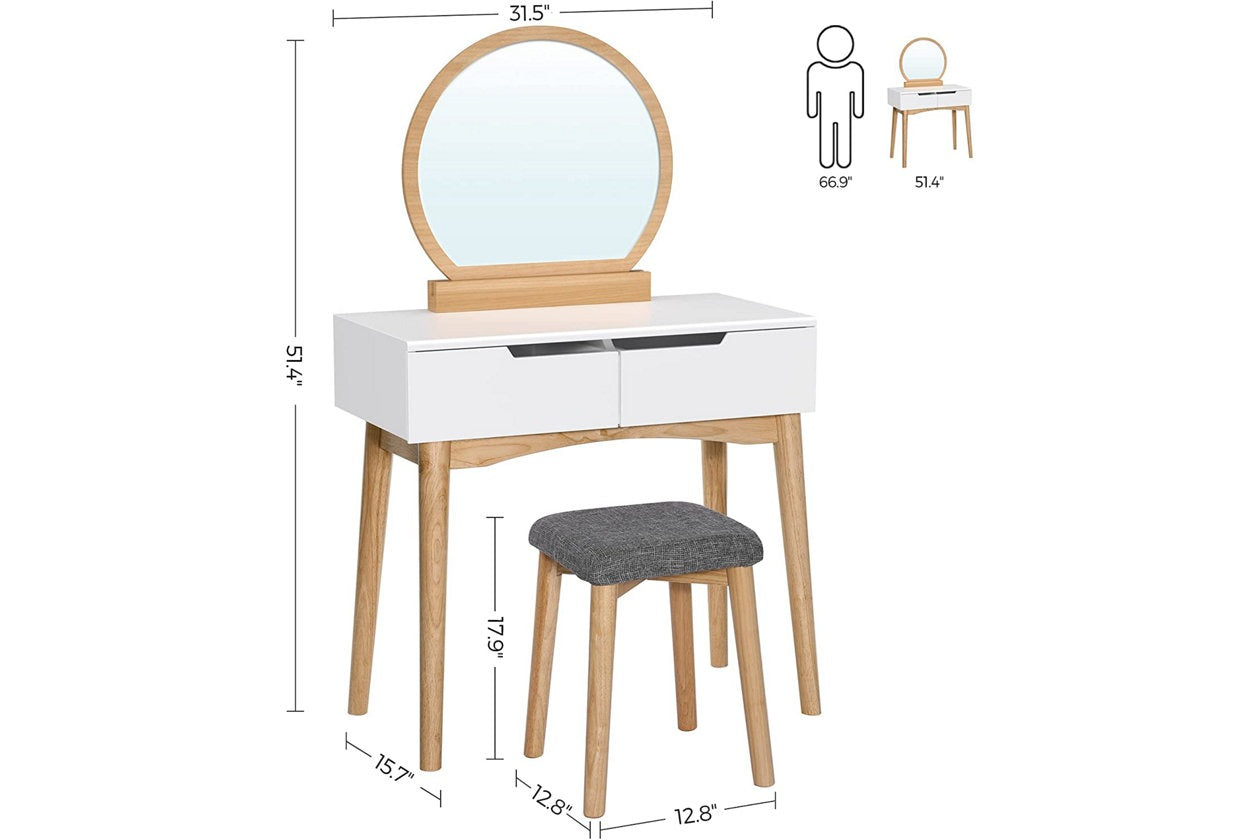 Dressing Table Rounded Mirror with 2 Drawers & Vanity Set with Upholstered Stool