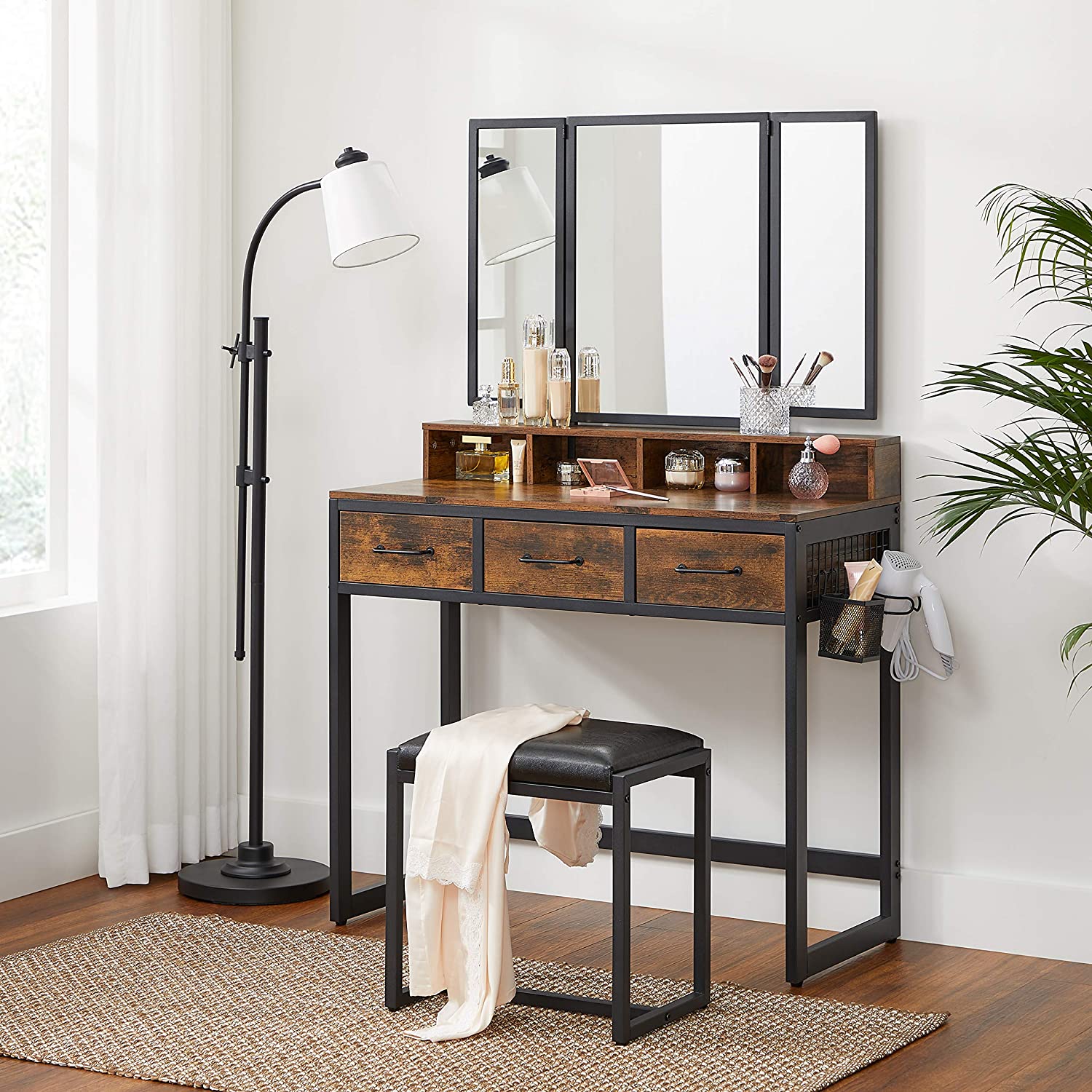 Dressing Table: Rustic Brown and Black Vanity Table with Upholstered S – Studio GKW