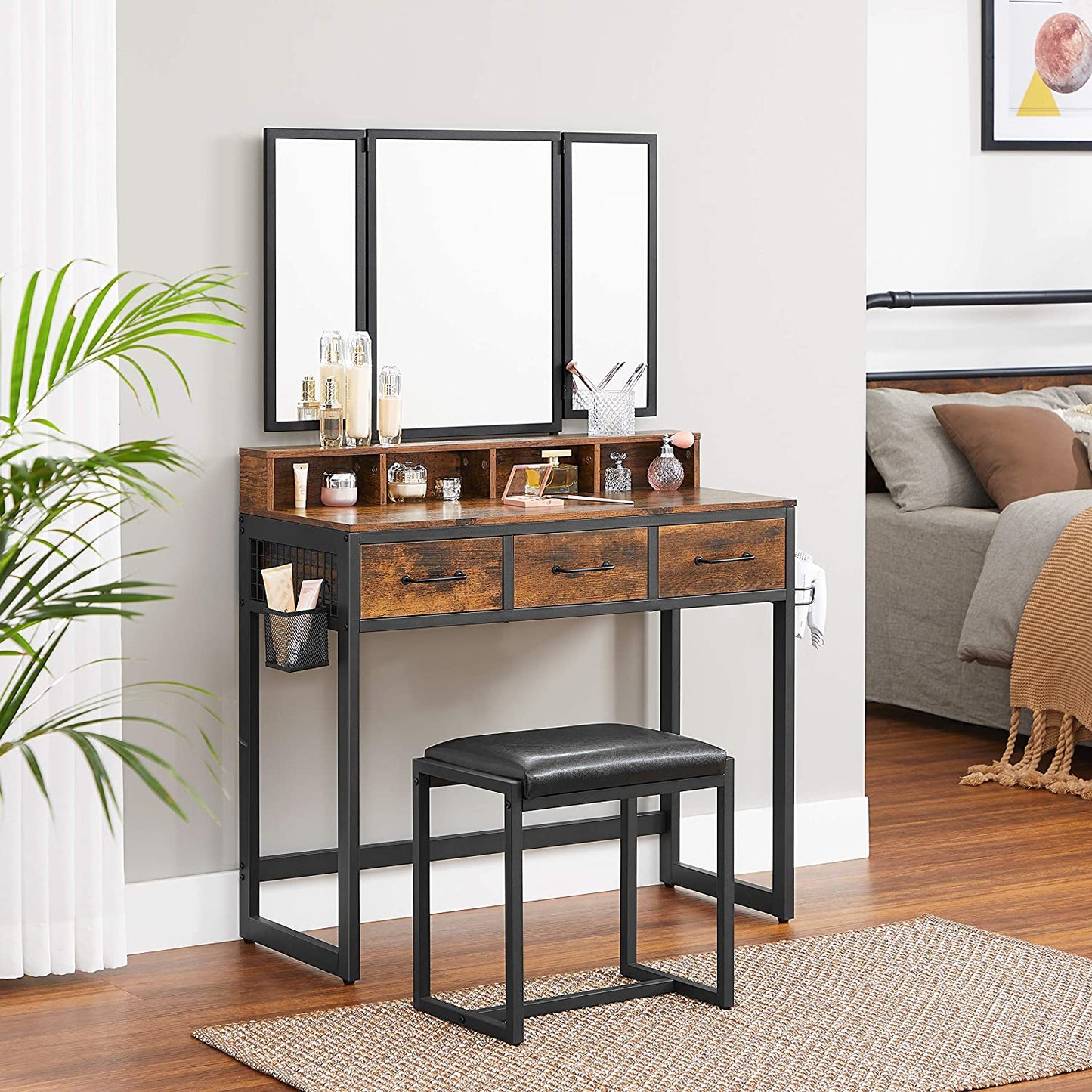 Dressing Table: Rustic Brown and Black Vanity Table with Upholstered Stool Set