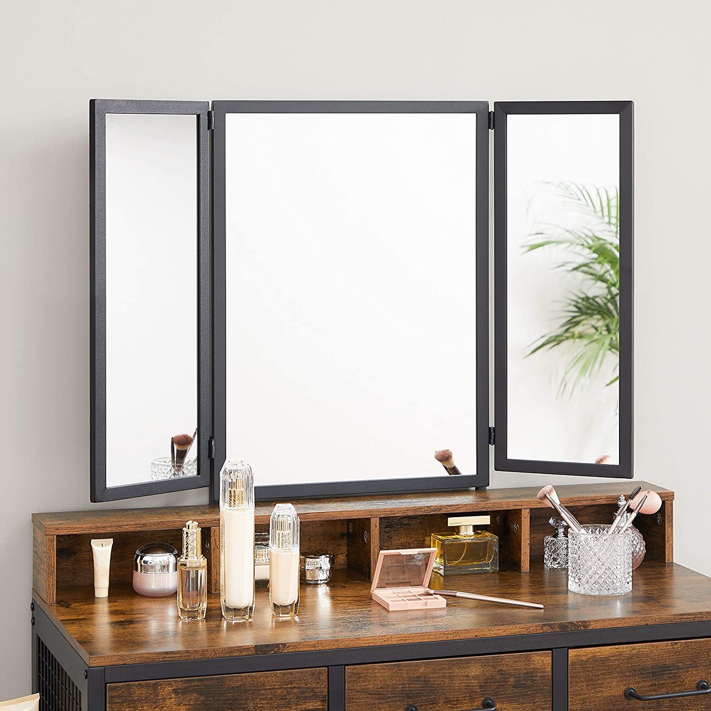 Dressing Table: Rustic Brown and Black Vanity Table with Upholstered Stool Set