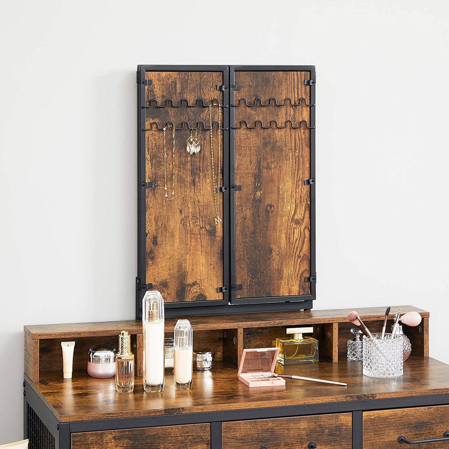 Dressing Table: Rustic Brown and Black Vanity Table with Upholstered Stool Set
