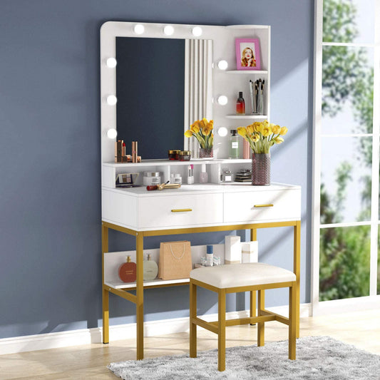 Dressing Table Storage Shelves for Bedroom, Gold Vanity Desk for Women Girls (White)