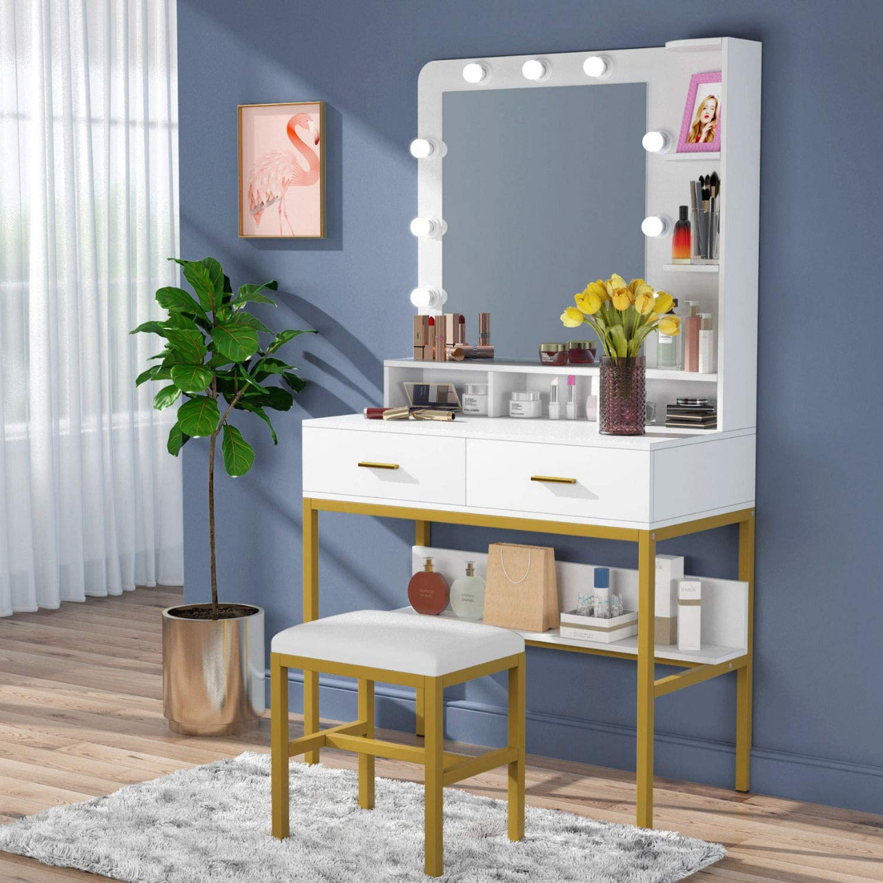 Dressing Table Storage Shelves for Bedroom, Gold Vanity Desk for Women Girls (White)