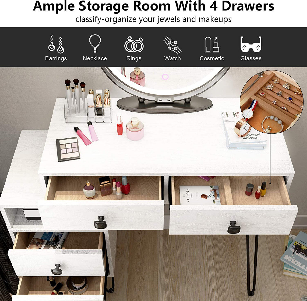 Dressing Table : Vanity Desk Set with Lighted Mirror & Cushioned Stool