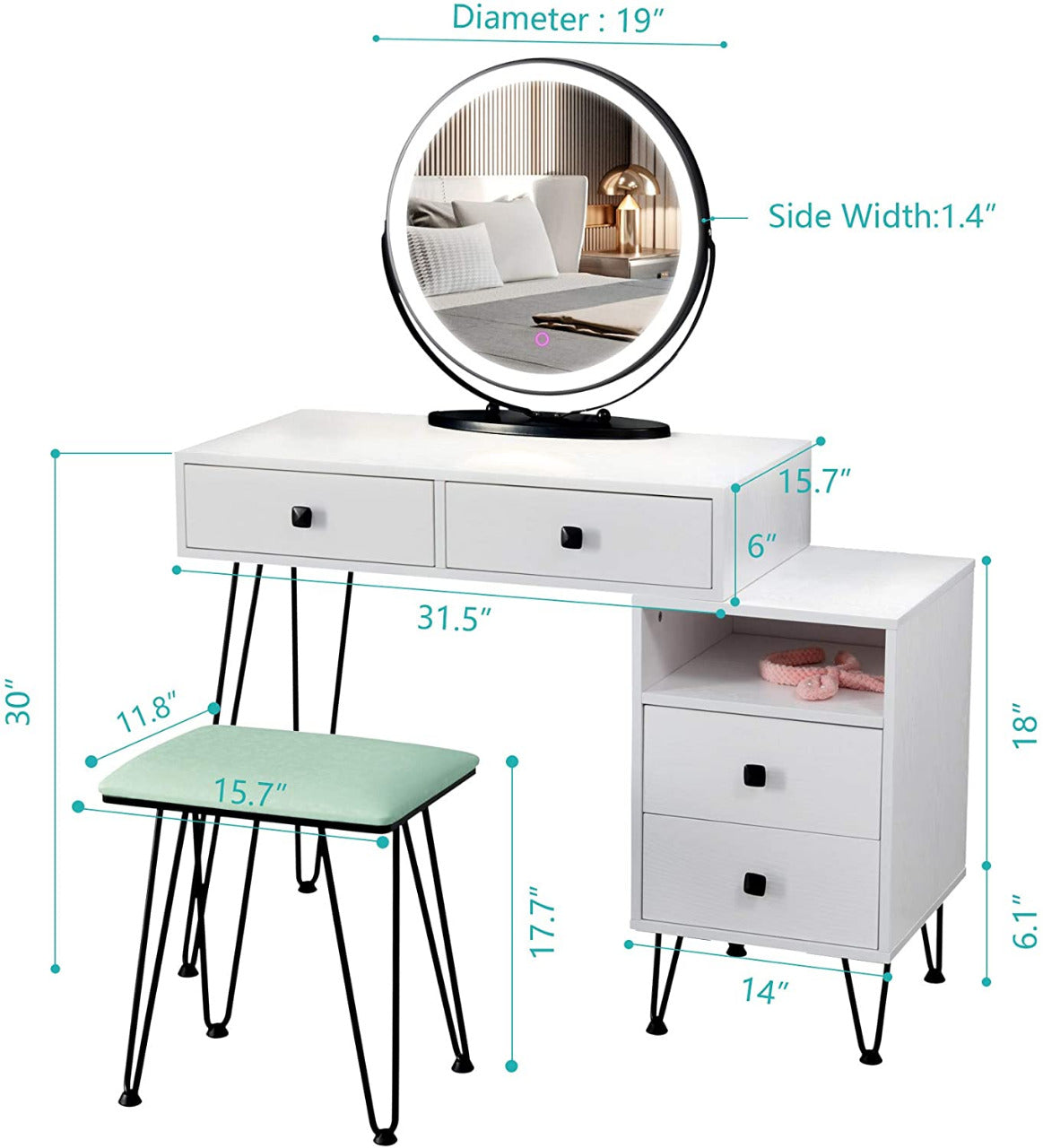 Dressing Table : Vanity Desk Set with Lighted Mirror & Cushioned Stool