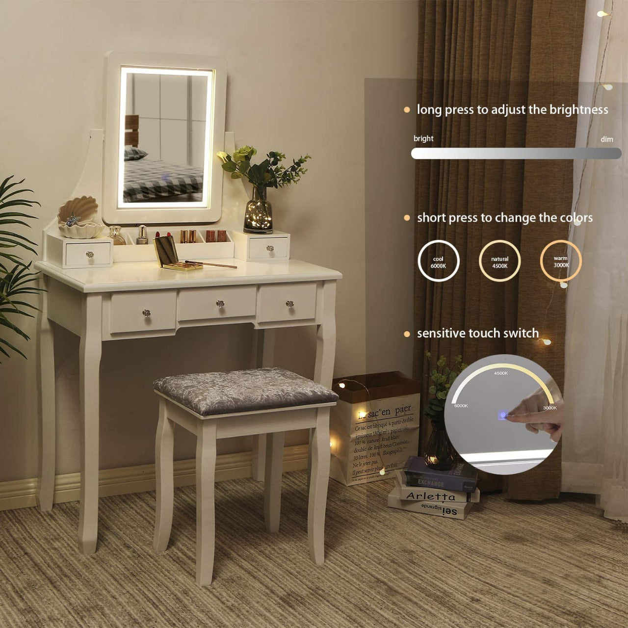 Dressing Table : Vanity Makeup Table with 5 Drawers ( White)