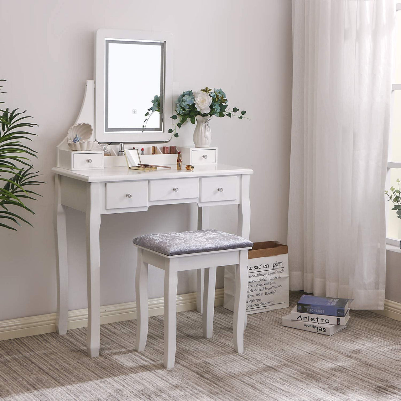 Dressing Table : Vanity Makeup Table with 5 Drawers ( White)