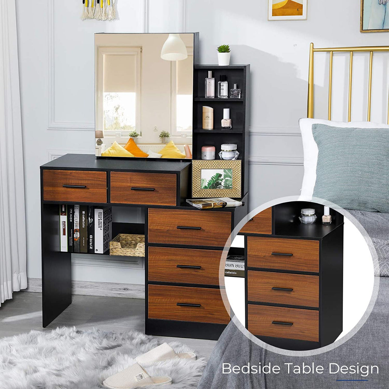 Dressing Table Vanity Set with Large Drawers and Shelves for Bedroom