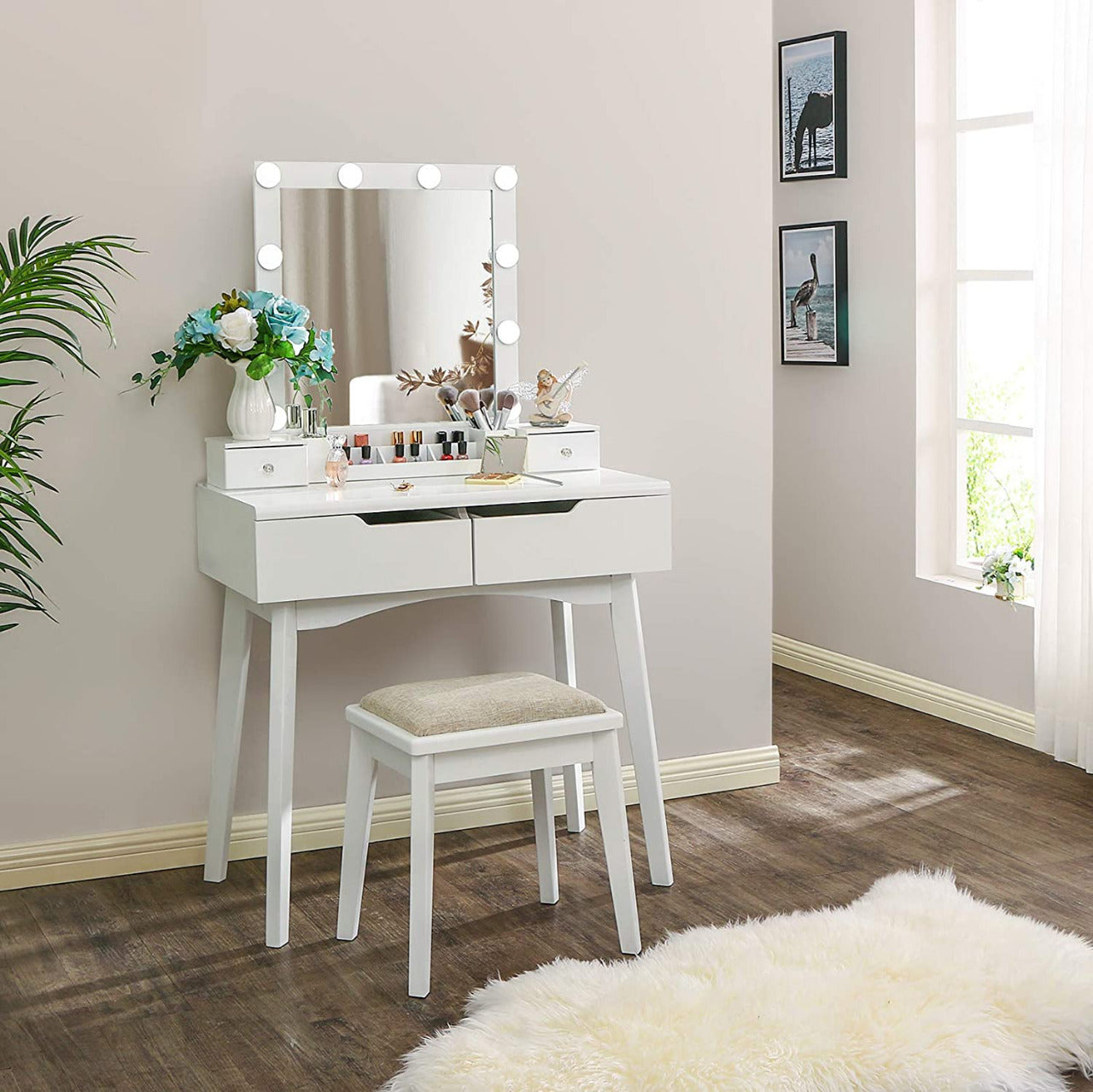 Dressing Table : Vanity Set with Lighted Mirror & 10 LED Bulbs 4 Drawers 2 DIY Dividers