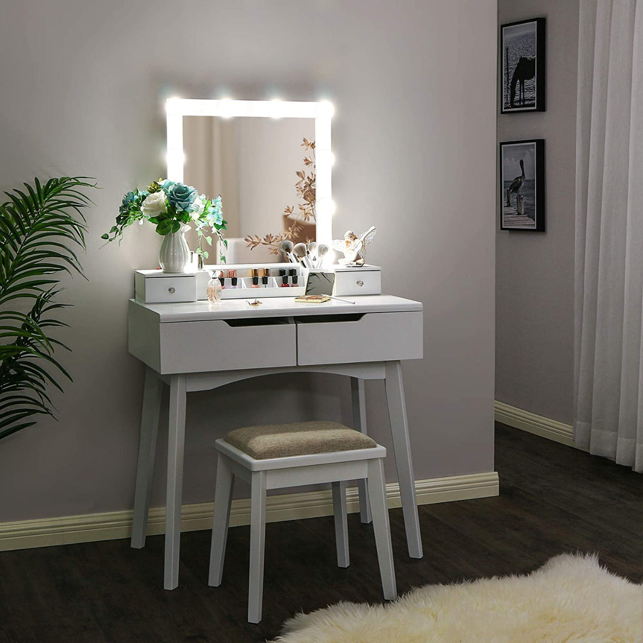 Dressing Table : Vanity Set with Lighted Mirror & 10 LED Bulbs 4 Drawers 2 DIY Dividers