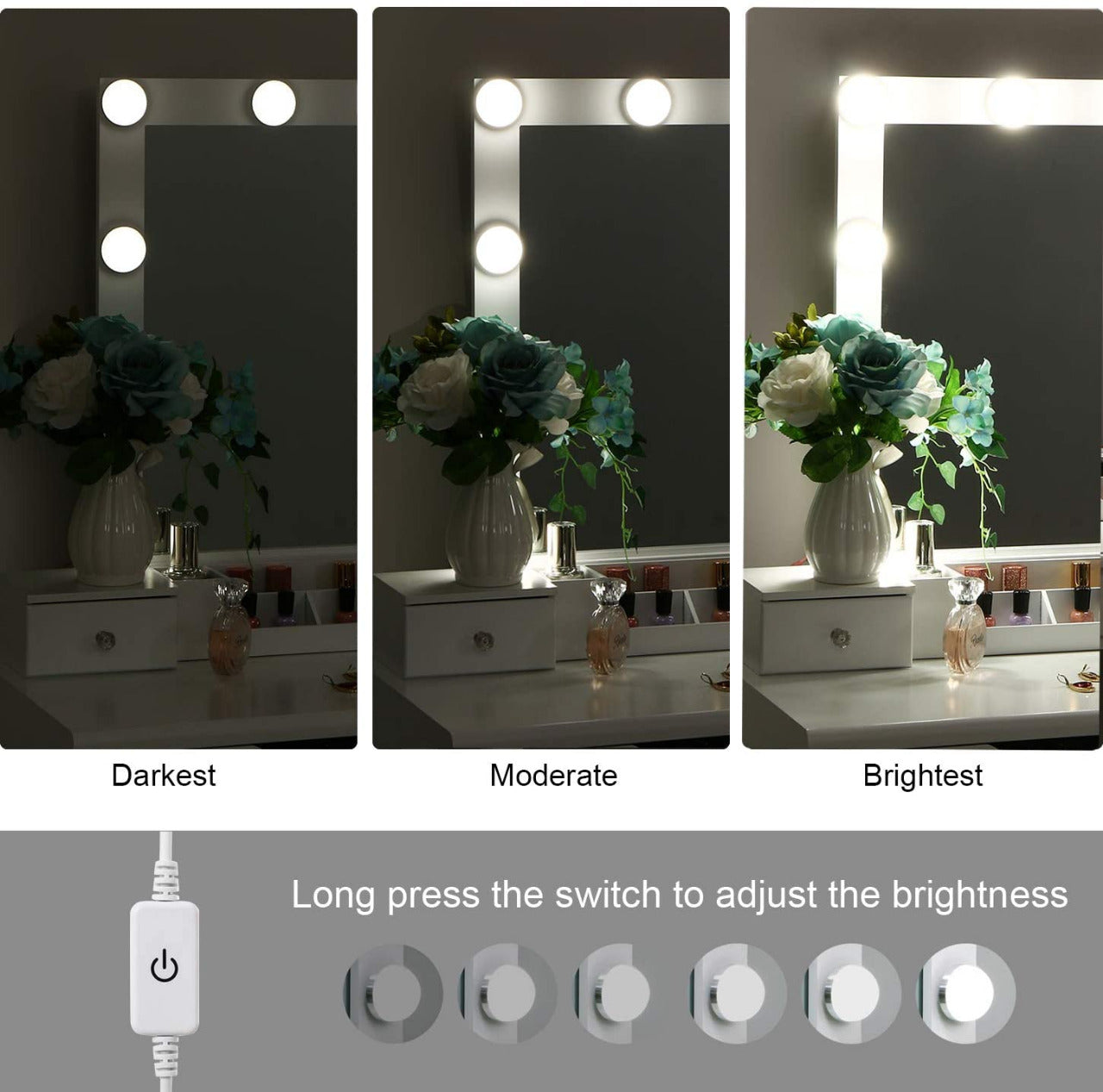 Dressing Table : Vanity Set with Lighted Mirror & 10 LED Bulbs 4 Drawers 2 DIY Dividers