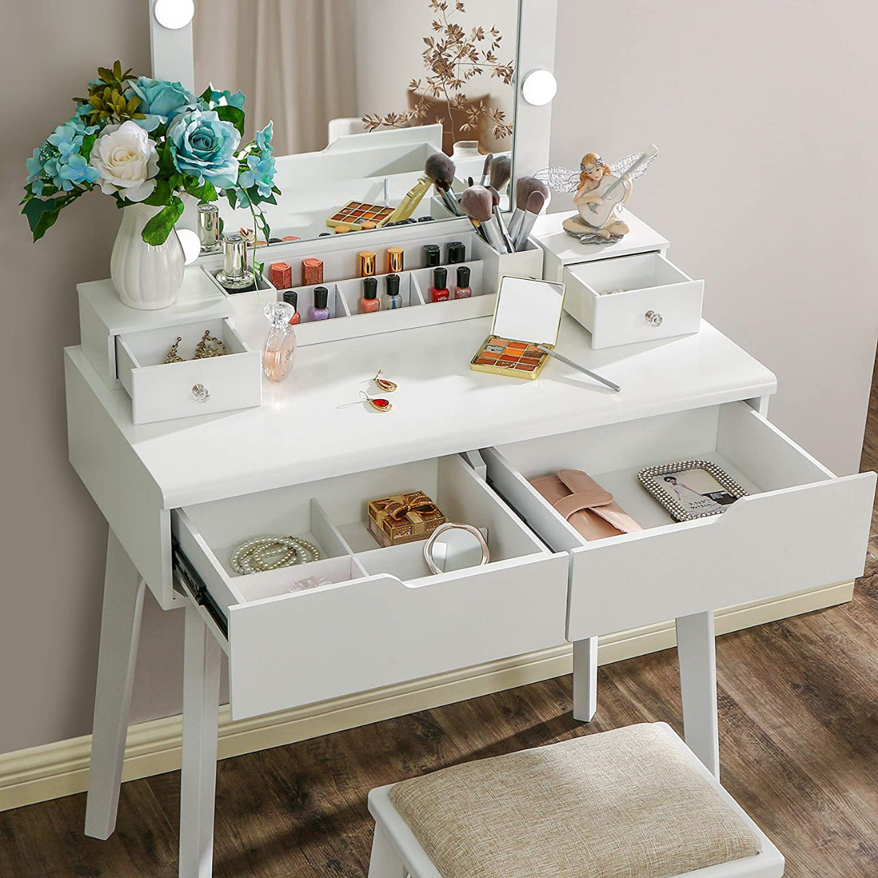 Dressing Table : Vanity Set with Lighted Mirror & 10 LED Bulbs 4 Drawers 2 DIY Dividers