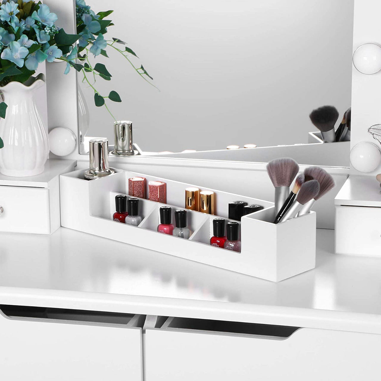 Dressing Table : Vanity Set with Lighted Mirror & 10 LED Bulbs 4 Drawers 2 DIY Dividers