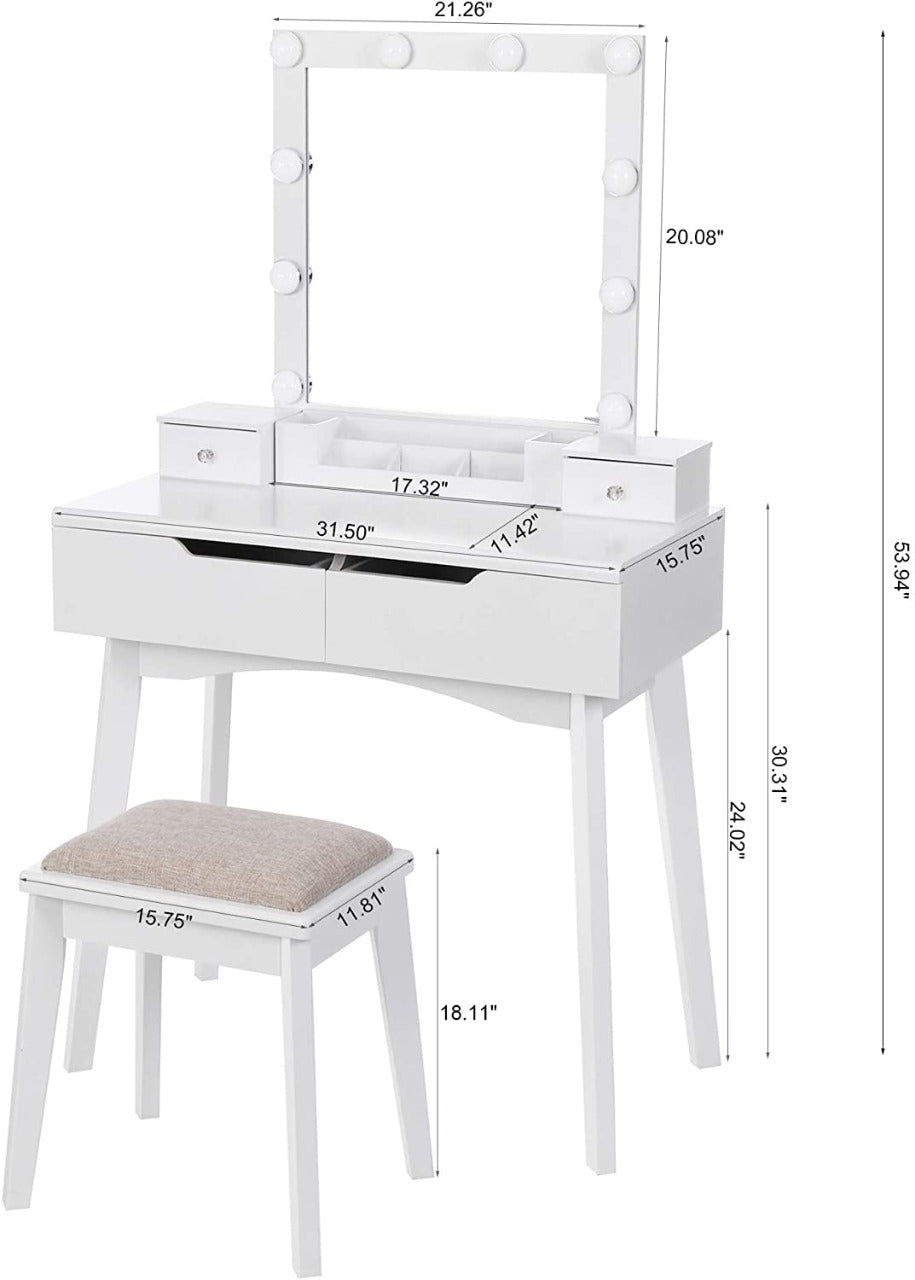 Dressing Table : Vanity Set with Lighted Mirror & 10 LED Bulbs 4 Drawers 2 DIY Dividers