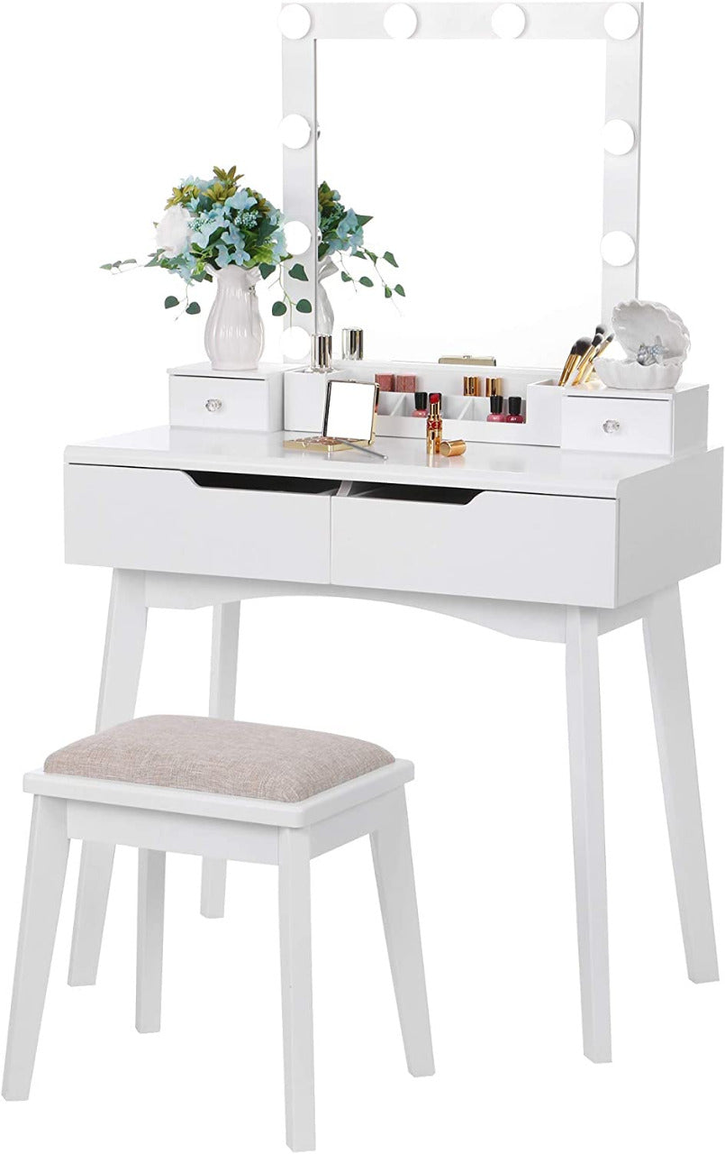 Dressing Table : Vanity Set with Lighted Mirror & 10 LED Bulbs 4 Drawers 2 DIY Dividers