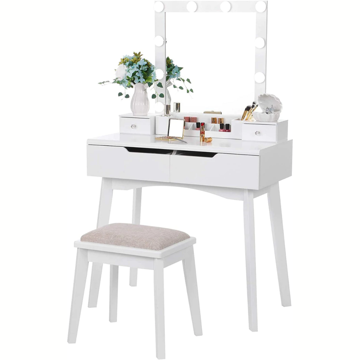Dressing Table Vanity Set with Lighted Mirror & 10 LED Bulbs 4 Drawers 2 DIY Dividers