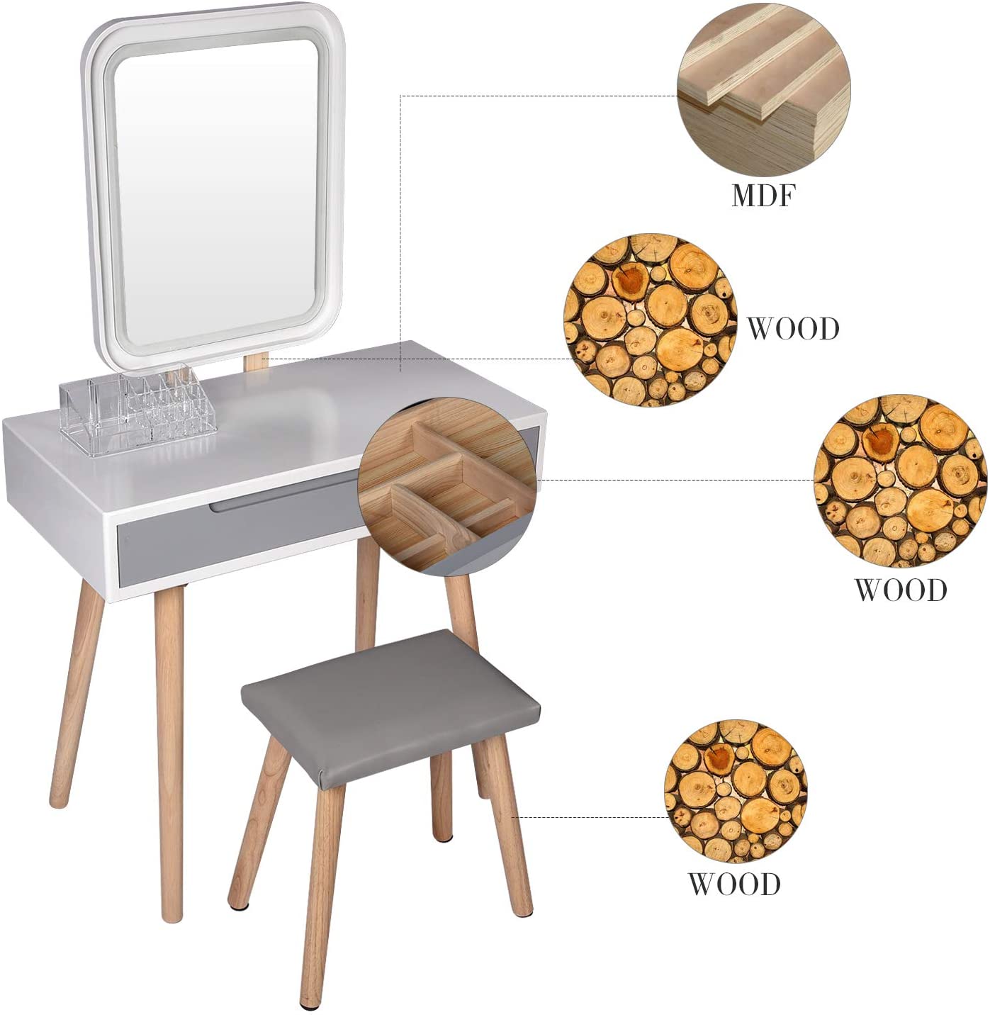 Dressing Table: Vanity Table Set with Adjustable Brightness Mirror