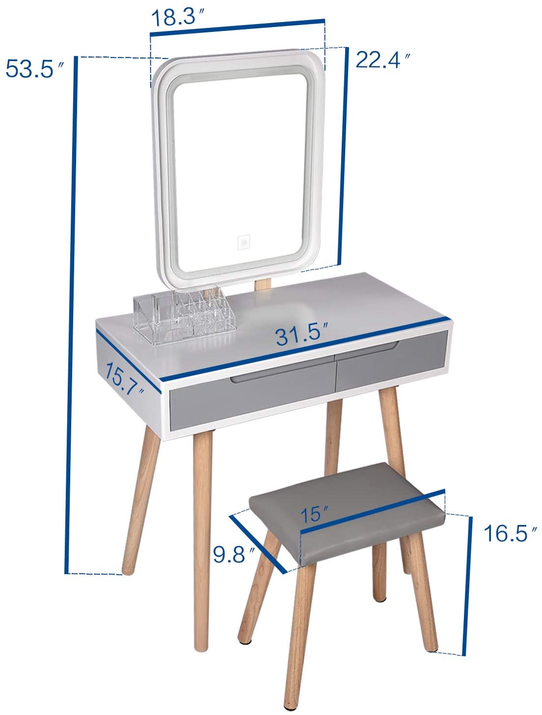 Dressing Table: Vanity Table Set with Adjustable Brightness Mirror
