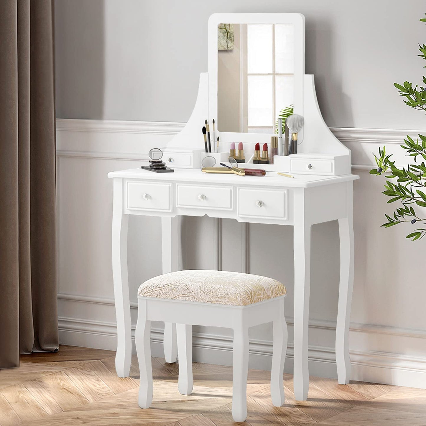 Dressing Table: White Dressing Table with 5 Storage Drawers and Mirror