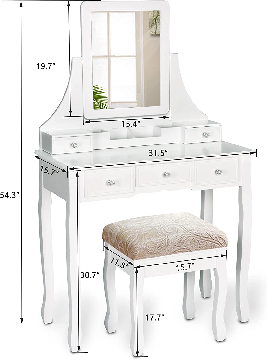 Dressing Table: White Dressing Table with 5 Storage Drawers and Mirror