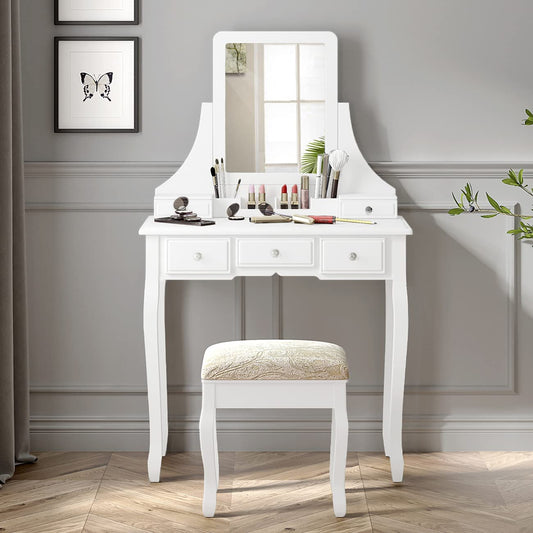 Dressing Table: White Dressing Table with 5 Storage Drawers and Mirror