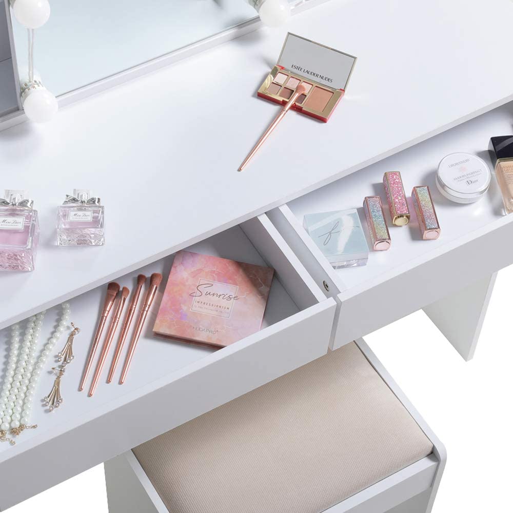 Dressing Table: White Dressing Table with Mirror & 10 Light Bulbs