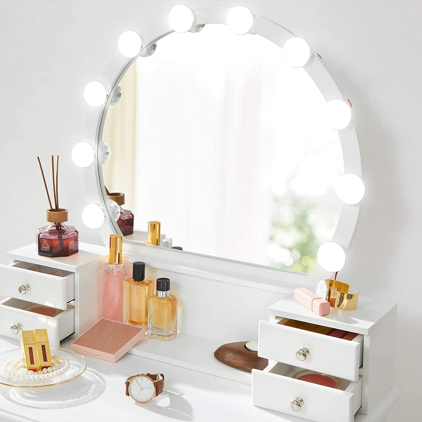 Dressing Table: White Dressing Table with Mirror & 10 Light Bulbs
