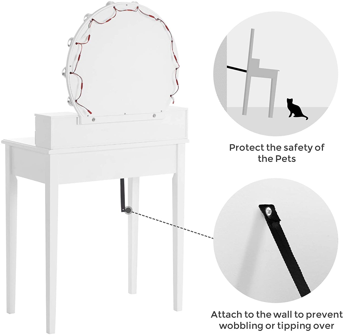 Dressing Table: White Dressing Table with Mirror & 10 Light Bulbs