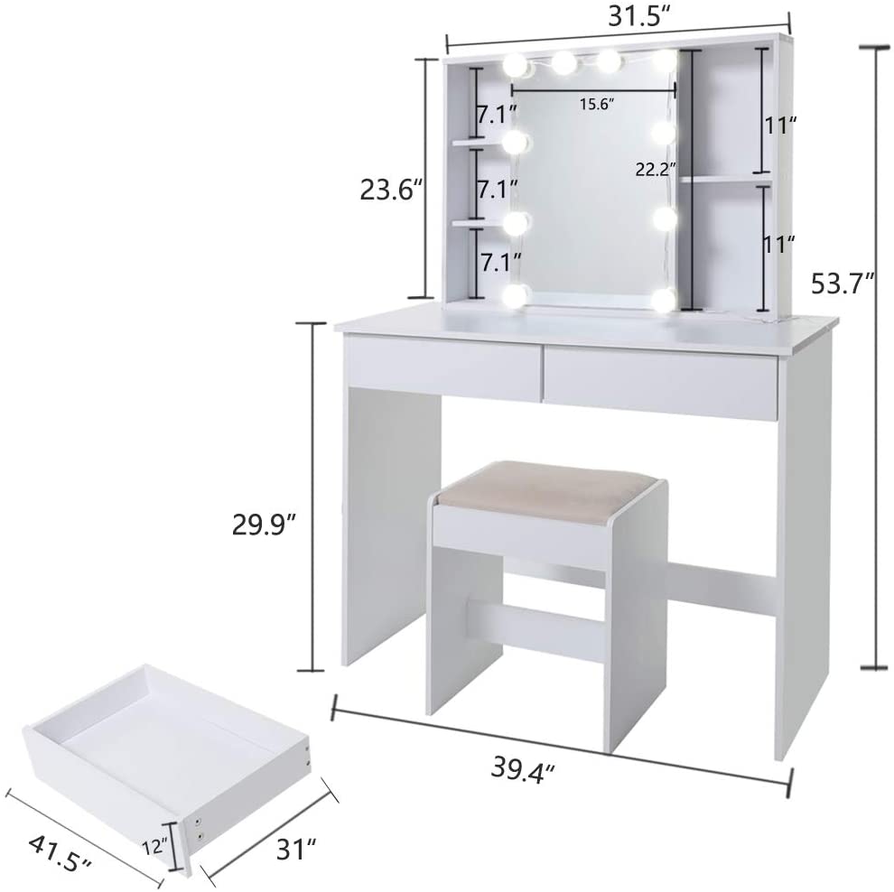 Dressing Table: White Dressing Table with Mirror & 10 Light Bulbs