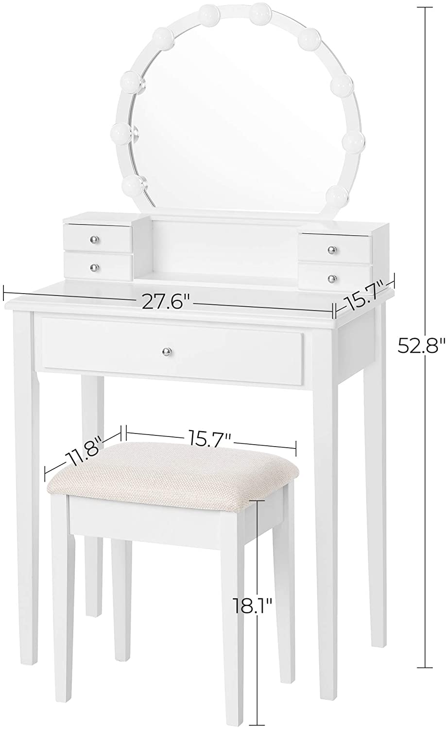 Dressing Table: White Dressing Table with Mirror & 10 Light Bulbs
