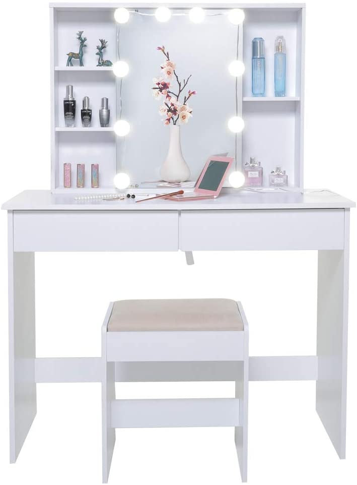 Dressing Table: White Dressing Table with Mirror & 10 Light Bulbs