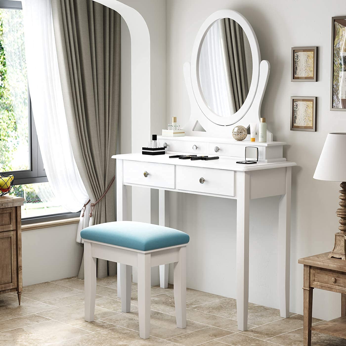 Dressing Table: White Vanity Desk with 360° Rotating Oval Mirror