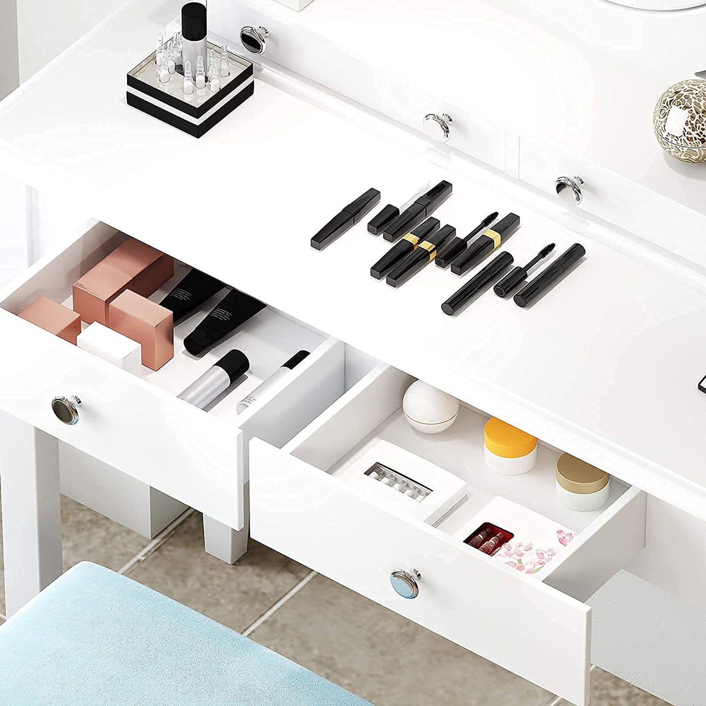 Dressing Table: White Vanity Desk with 360° Rotating Oval Mirror
