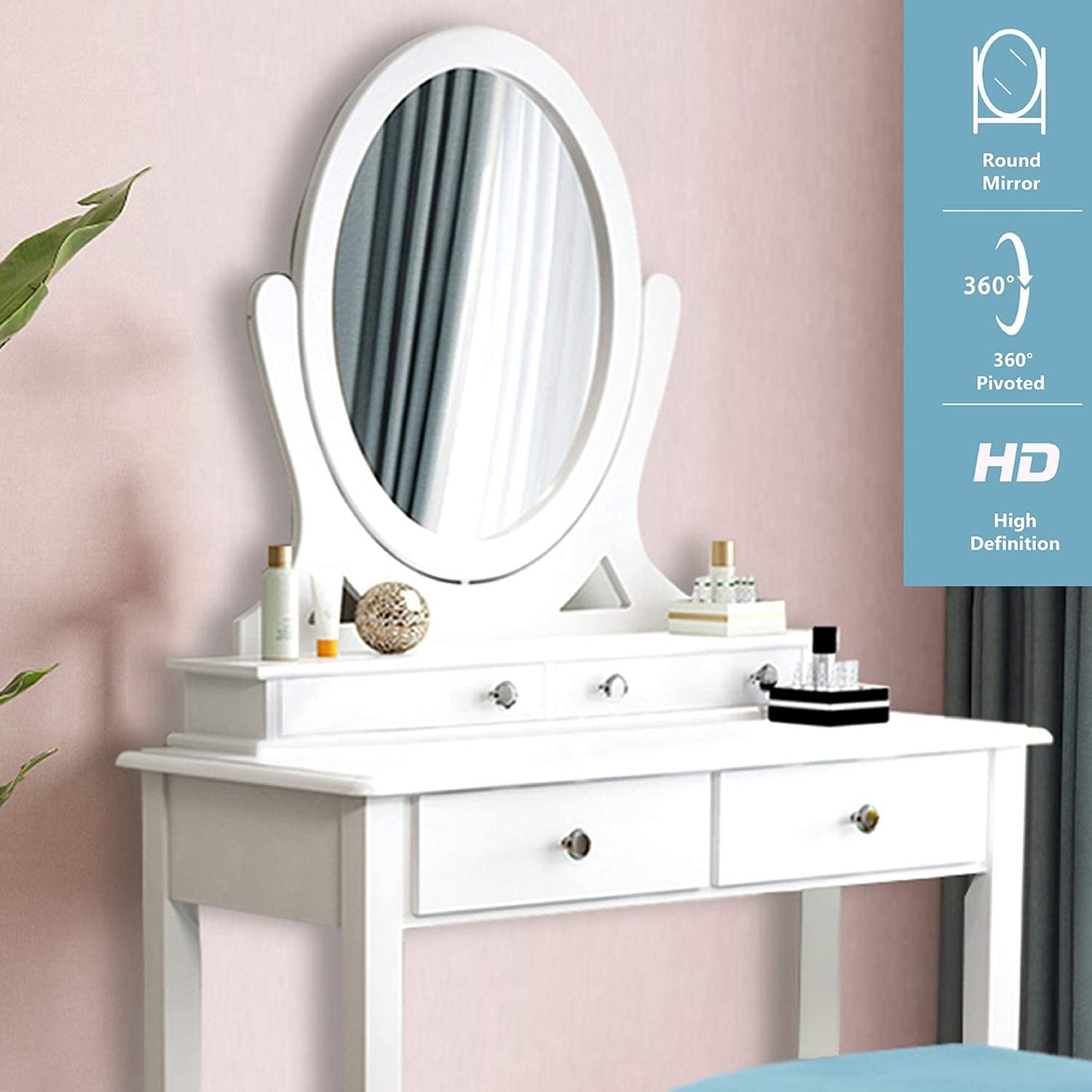 Dressing Table: White Vanity Desk with 360° Rotating Oval Mirror