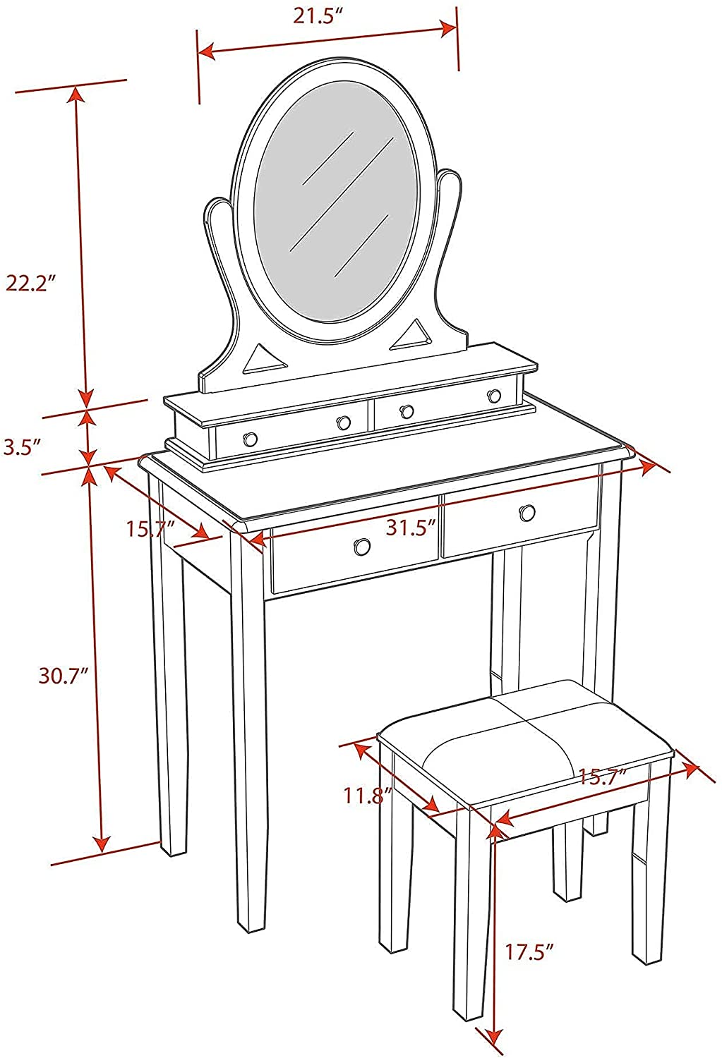 Dressing Table: White Vanity Desk with 360° Rotating Oval Mirror