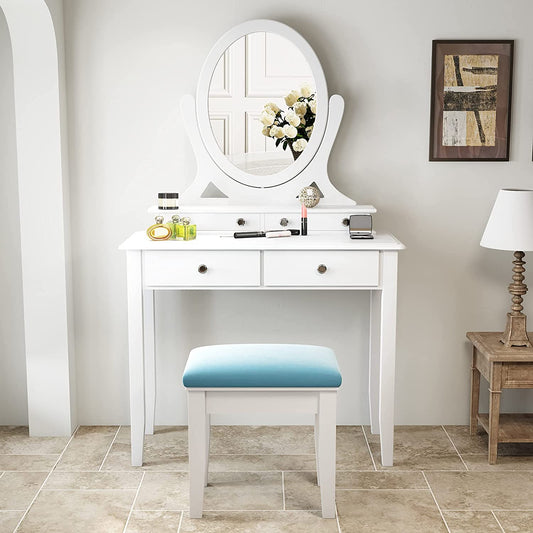 Dressing Table: White Vanity Desk with 360° Rotating Oval Mirror