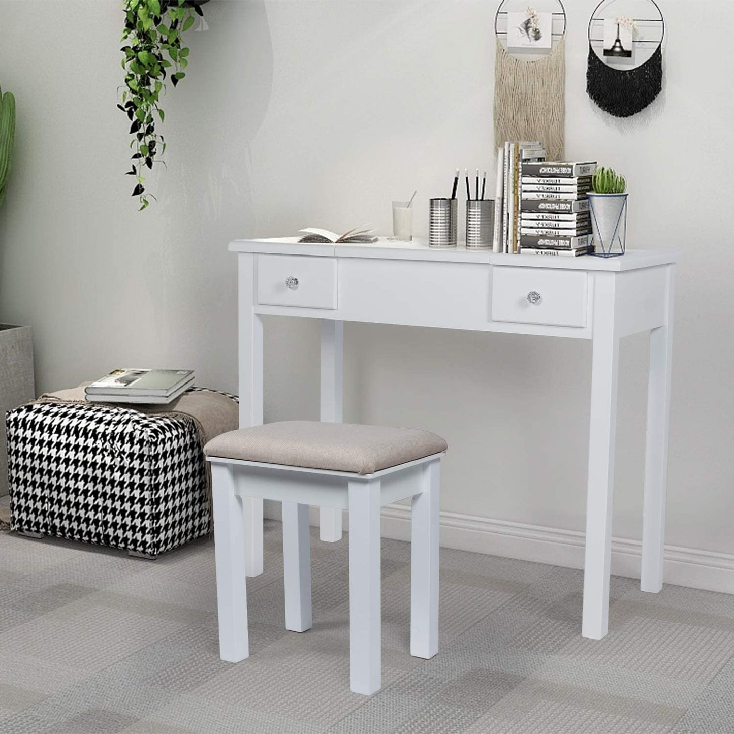 Dressing Table: White Vanity Desk with Flip Top Mirror