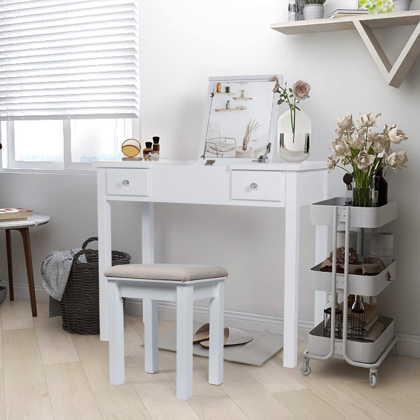 Dressing Table: White Vanity Desk with Flip Top Mirror