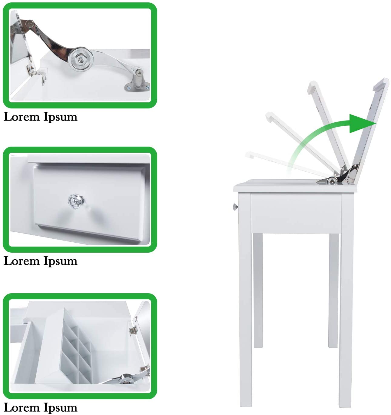 Dressing Table: White Vanity Desk with Flip Top Mirror